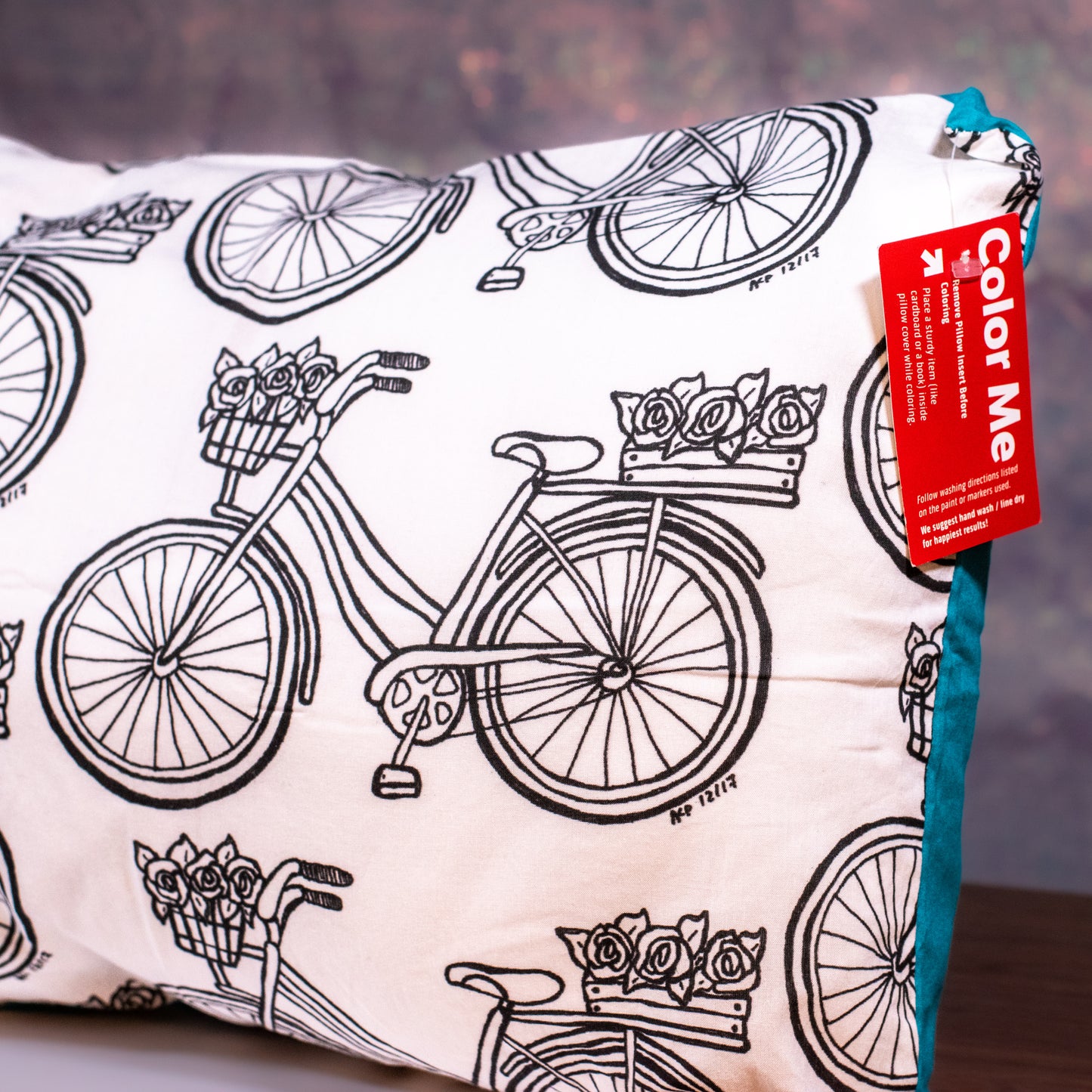 Bicycle Color-Me Pillow Sham – DIY Coloring Pillow Cover with Teal Backing (14x19 Travel Size)