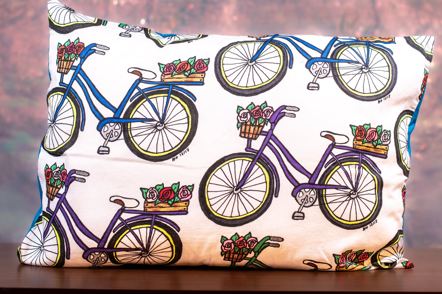 Bicycle Color-Me Pillow Sham – DIY Coloring Pillow Cover with Teal Backing (14x19 Travel Size)